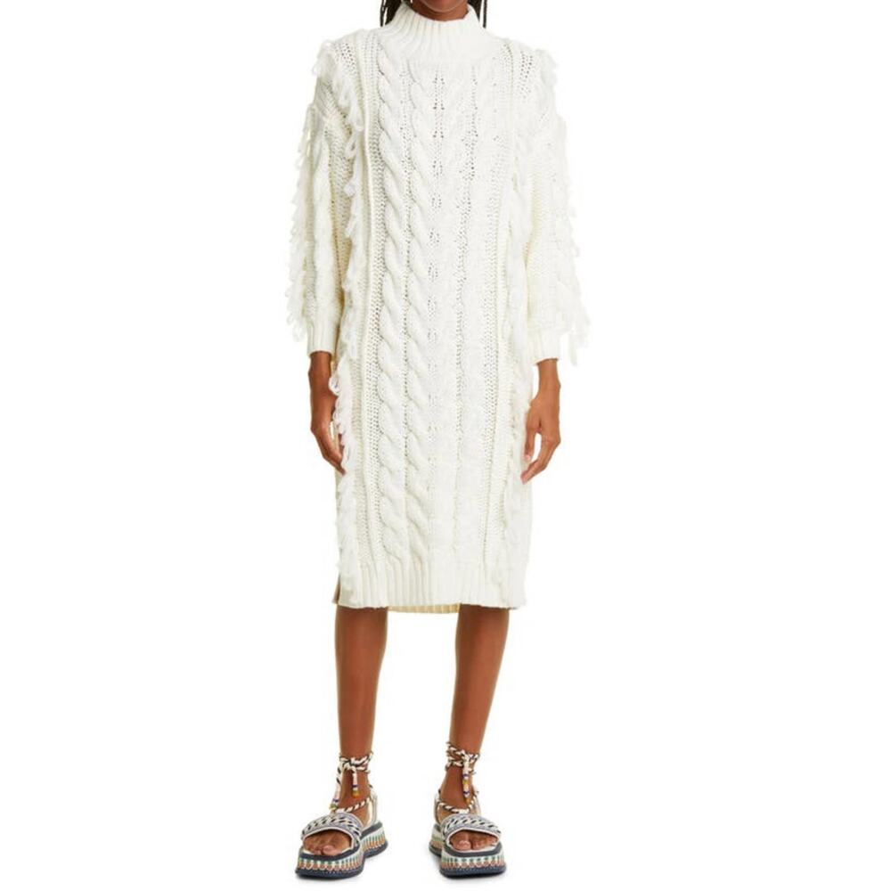 Farm Rio Cable Knit Turtleneck Long Sleeve Off White Sweater‎ Dress Size M NWT